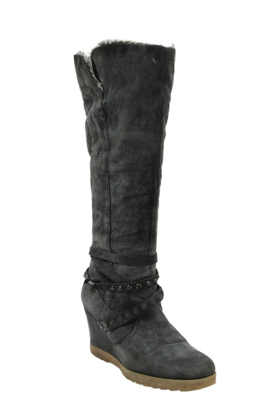 MJUS Womens Suede Studded Wedge Knee High Boots Gray Size 40 10