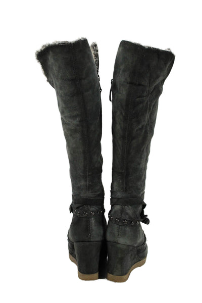MJUS Womens Suede Studded Wedge Knee High Boots Gray Size 40 10