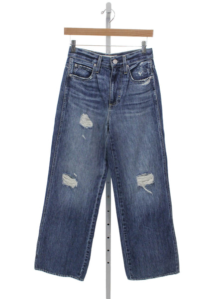 Amo Womens Wide Leg Blue Button Fly Cotton Jeans 31in Inseam Mid Rise Size 25