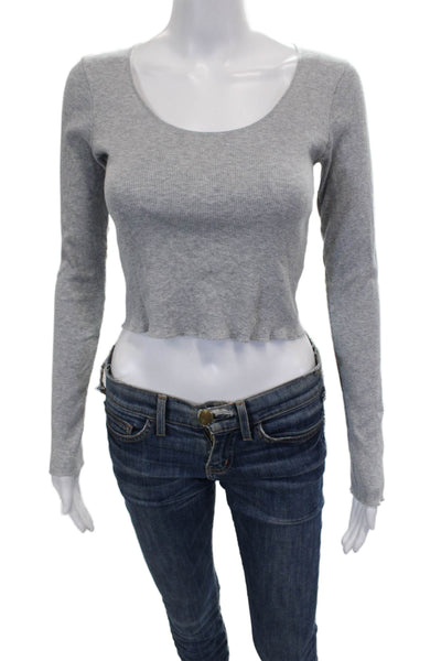 Brandy Melville Women Cropped Knit Scoop Neck Long Sleeve T-Shirt Gray Size XS
