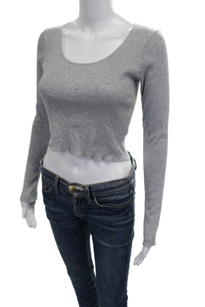 Brandy Melville Women Cropped Knit Scoop Neck Long Sleeve T-Shirt Gray Size XS