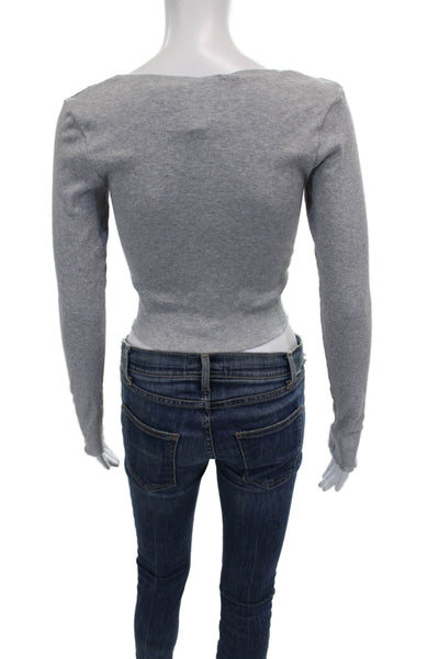 Brandy Melville Women Cropped Knit Scoop Neck Long Sleeve T-Shirt Gray Size XS