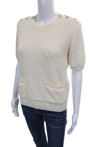 Frame Women Pullover Sweater Ivory Crew Short Sleeve Polyester Petite Size S