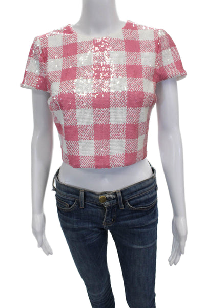 Toccin Womens Pink Cropped Check Blouse Short Sleeve Crew Neck Zip Size 4