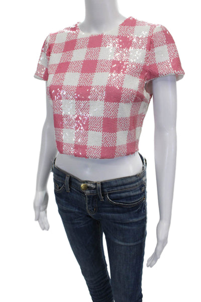 Toccin Womens Pink Cropped Check Blouse Short Sleeve Crew Neck Zip Size 4