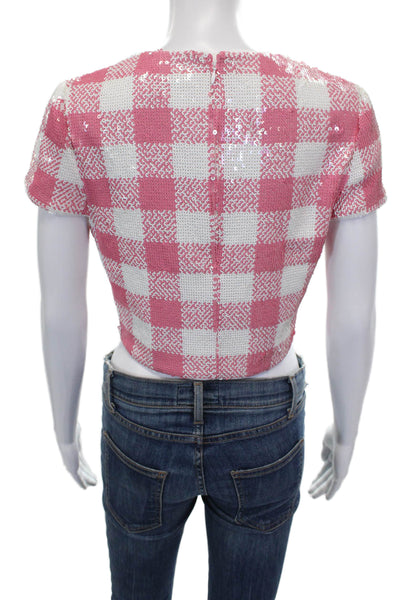 Toccin Womens Pink Cropped Check Blouse Short Sleeve Crew Neck Zip Size 4