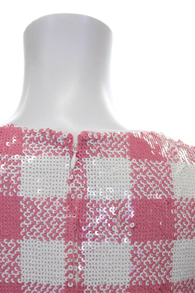 Toccin Womens Pink Cropped Check Blouse Short Sleeve Crew Neck Zip Size 4