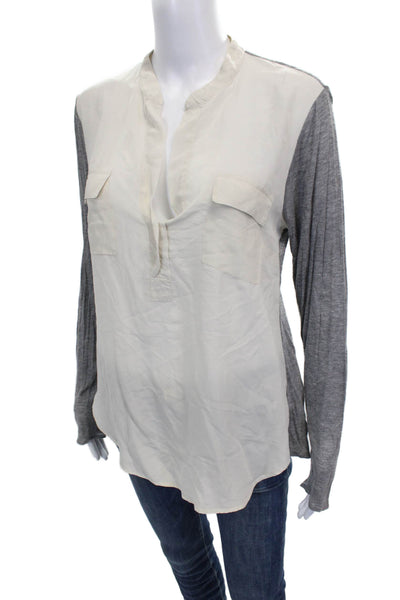 T. Babaton Womens Silk Tunic Blouse Collared Long Sleeve Colorblock Beige Size S
