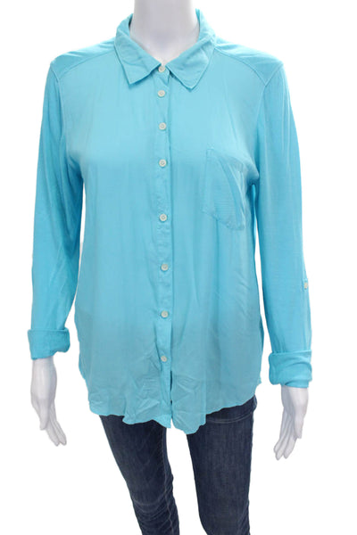C&C California Women Basic Collared Button-Up Rayon Top Blue Long Sleeve Size S