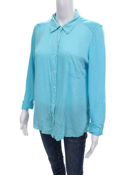 C&C California Women Basic Collared Button-Up Rayon Top Blue Long Sleeve Size S