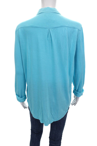 C&C California Women Basic Collared Button-Up Rayon Top Blue Long Sleeve Size S