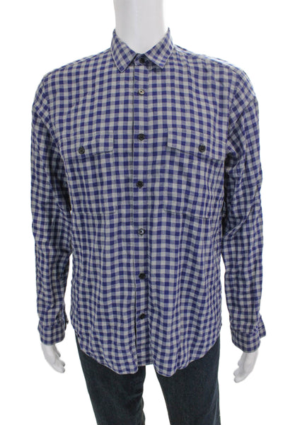 Theory Mens Cotton Gingham Collar Long Sleeve Button Down Shirt Blue Size L