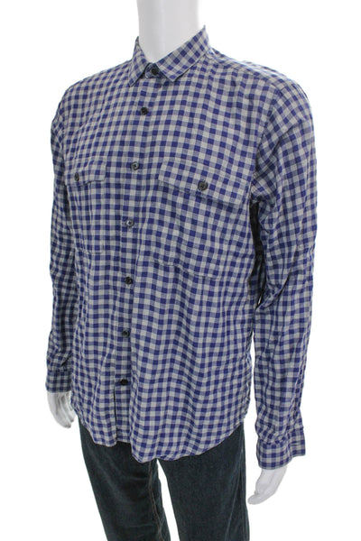 Theory Mens Cotton Gingham Collar Long Sleeve Button Down Shirt Blue Size L