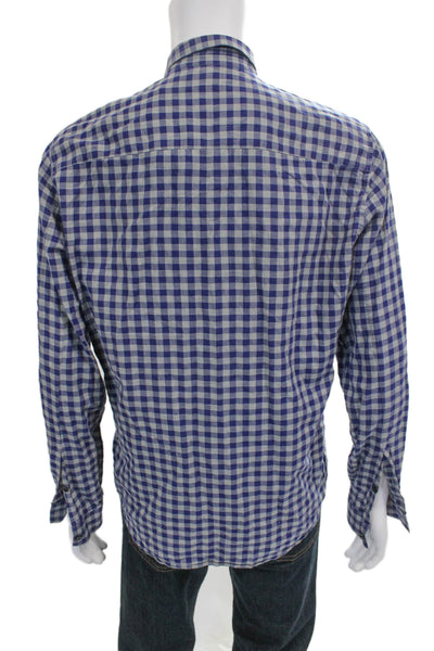 Theory Mens Cotton Gingham Collar Long Sleeve Button Down Shirt Blue Size L