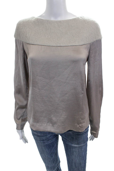 J Brand Women Basic Gray Boat Neck Long Sleeve Zip Polyester Blouse Size S