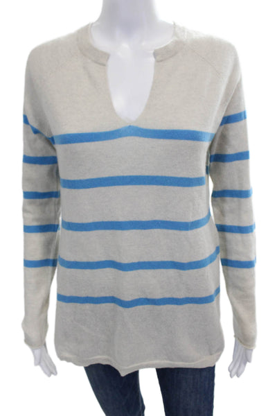 Autumn Cashmere Women Beige Striped V-Neck Pullover Long Sleeve Size M