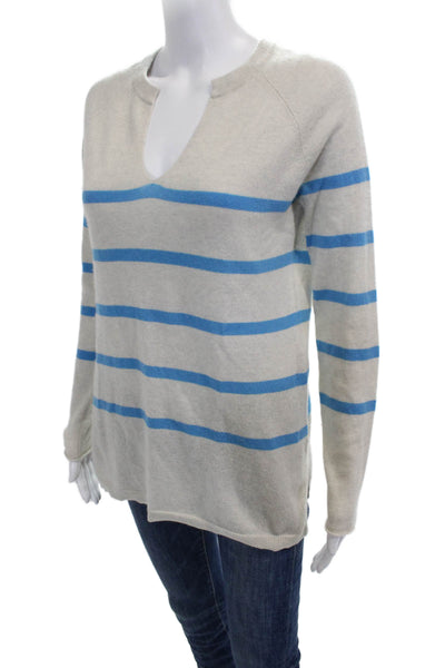 Autumn Cashmere Women Beige Striped V-Neck Pullover Long Sleeve Size M
