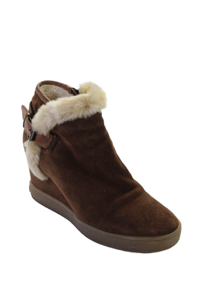 Aquatalia Women's Round Toe Suede Sherpa Line Wedge Boots Brown Size 7.5