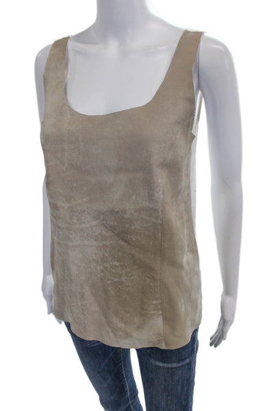 Michael Stars Women Beige Leather Scoop Neck Sleeveless Basic Tank Size S