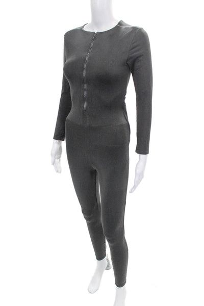 Port De O Bras Women Unitard Gray Polyamide Zip Round Neck Long Sleeve Size XS