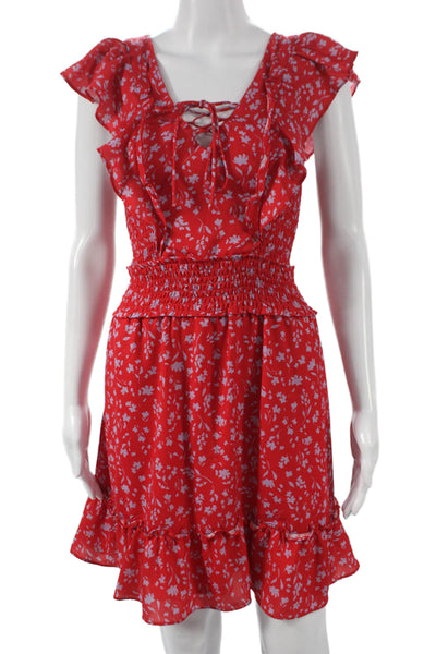 Parker Womens Fit & Flare Red Floral VNeck Short Sleeve Dress Polyester Size 10