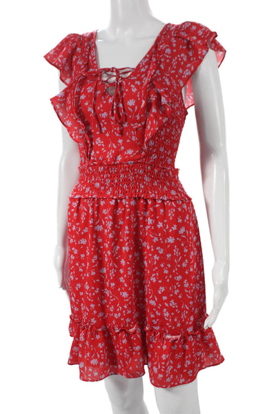 Parker Womens Fit & Flare Red Floral VNeck Short Sleeve Dress Polyester Size 10