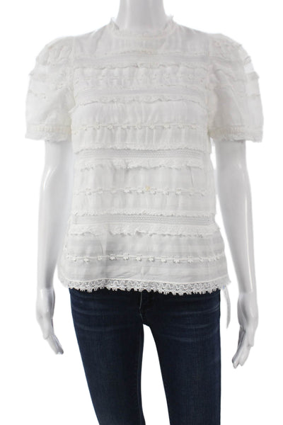 Ulla Johnson Women Blouse White High Neck Button Cotton Short Sleeve Size 0
