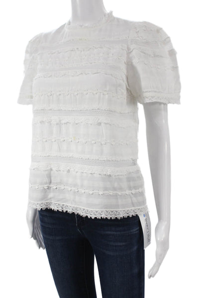 Ulla Johnson Women Blouse White High Neck Button Cotton Short Sleeve Size 0