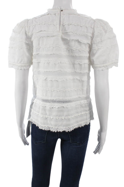 Ulla Johnson Women Blouse White High Neck Button Cotton Short Sleeve Size 0