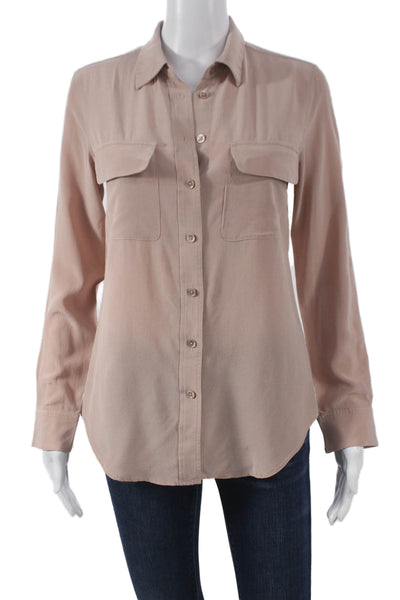 R Label Women Silk Collared Long Sleeve Brown Shirt Size XS
