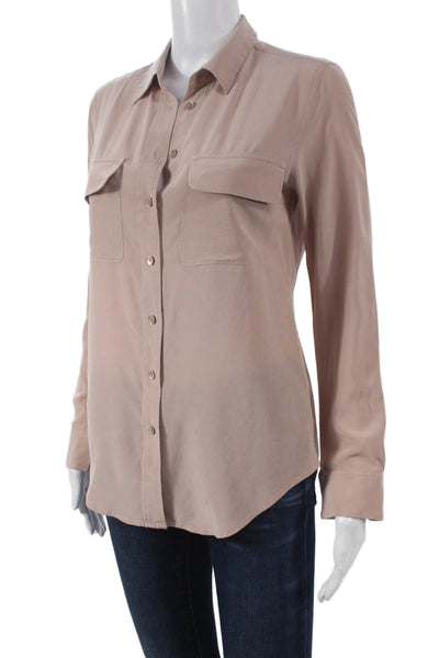 R Label Women Silk Collared Long Sleeve Brown Shirt Size XS