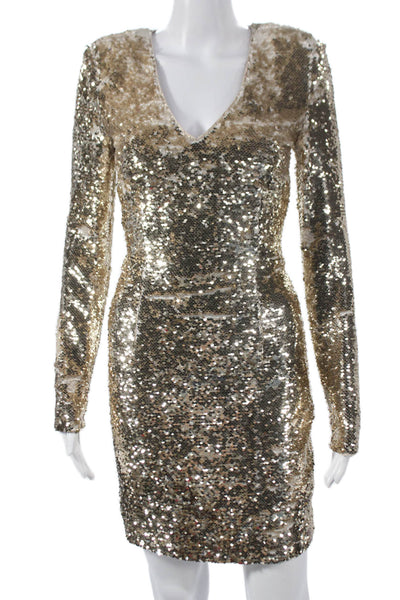 Misha Women Bodycon V-Neck Long Sleeve Gold Cotton Knee Length Dress Size 2