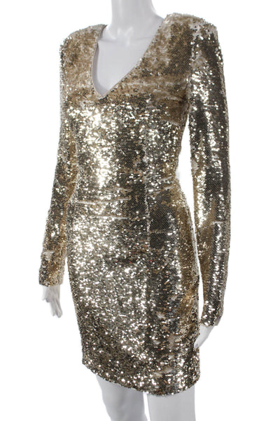 Misha Women Bodycon V-Neck Long Sleeve Gold Cotton Knee Length Dress Size 2
