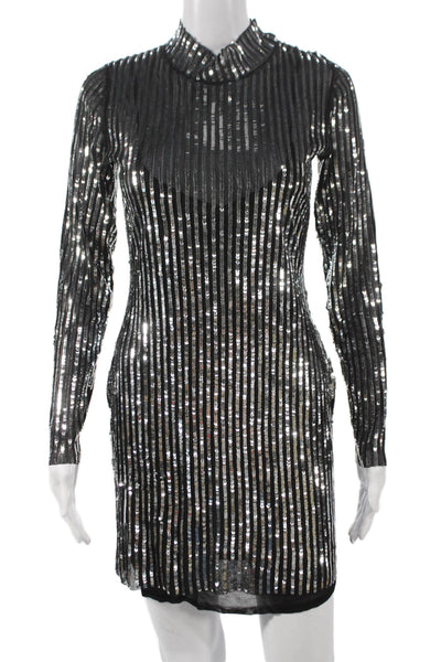 Tanya Taylor Women Sheath Dress Black Striped Long Sleeve High Neck Size XS