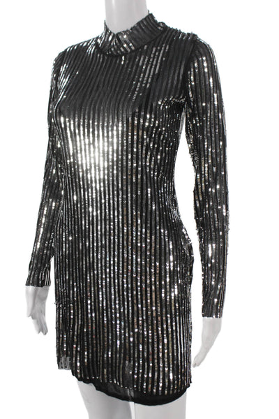 Tanya Taylor Women Sheath Dress Black Striped Long Sleeve High Neck Size XS