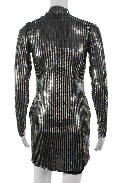 Tanya Taylor Women Sheath Dress Black Striped Long Sleeve High Neck Size XS