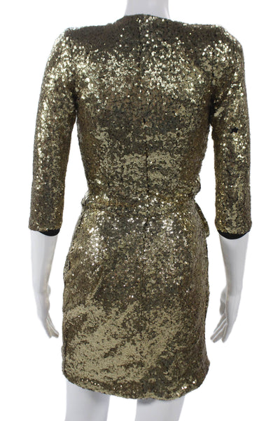 Zhivago Women Bodycon Gold Nylon V-Neck Zip Short Dress 3/4 Sleeve Size 2