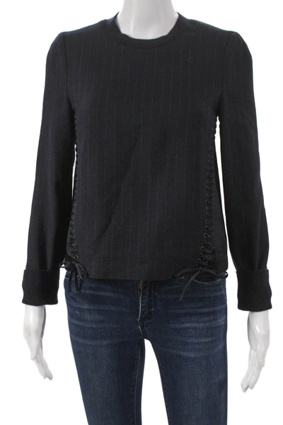 3.1 Phillip Lim Womens Wool Striped Crewneck Zip Blouse Long Sleeve Size 0