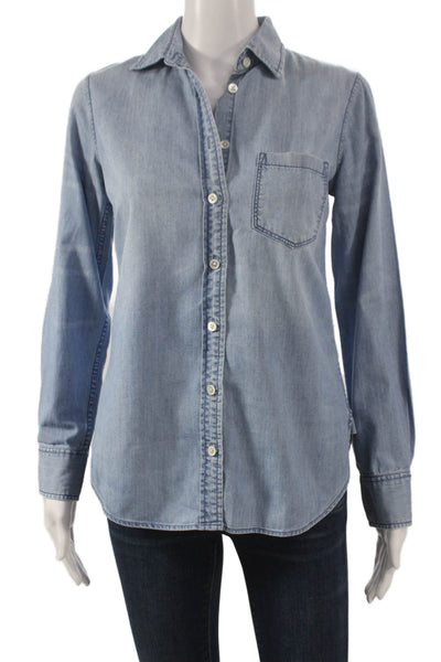 J Crew Womens Basic Blue Cotton Collared Long Sleeve Button Up Size 00
