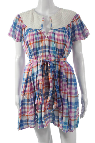 Love Shack Fancy Womens Shirt Dress Plaid V-Neck Button Mini Size XS