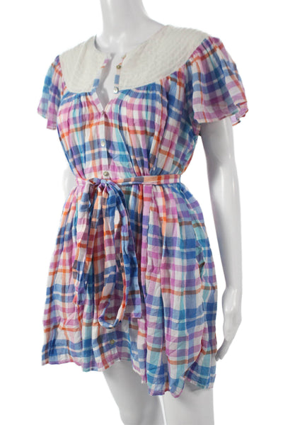 Love Shack Fancy Womens Shirt Dress Plaid V-Neck Button Mini Size XS