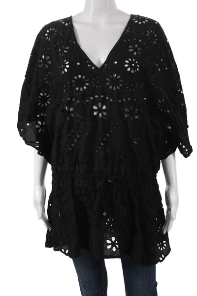 Vix Paula Hermanny Womens Blouse Floral V Neck Short Sleeve Black Cotton Size L