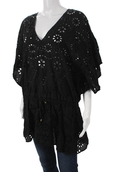 Vix Paula Hermanny Womens Blouse Floral V Neck Short Sleeve Black Cotton Size L