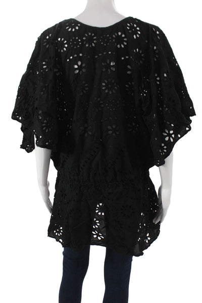 Vix Paula Hermanny Womens Blouse Floral V Neck Short Sleeve Black Cotton Size L