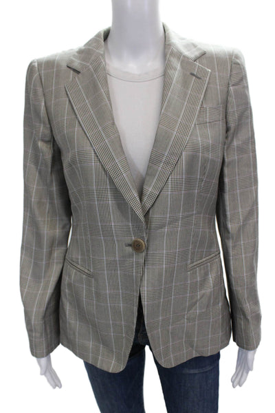Giorgio Armani Womens Silk Plaid Blazer Buttoned Gray Long Sleeve Size 44
