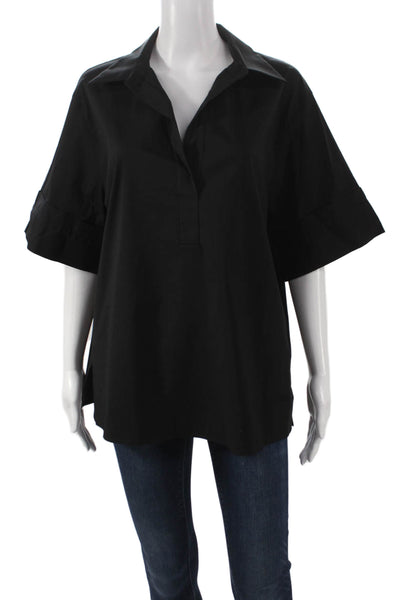 Lafayette 148 New York Women Collared Cotton Short Sleeve Tunic Black Size L
