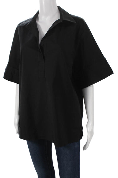 Lafayette 148 New York Women Collared Cotton Short Sleeve Tunic Black Size L