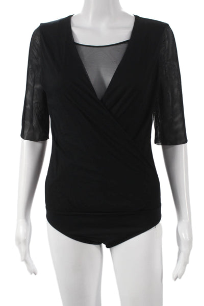 Wolford Women Black One Piece Bodysuit 3/4 Sleeve Round Neck Size M
