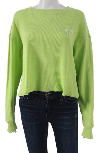 J. Galt Women Cropped T-Shirt Green Cotton Blend Crew Neck Long Sleeve Size M