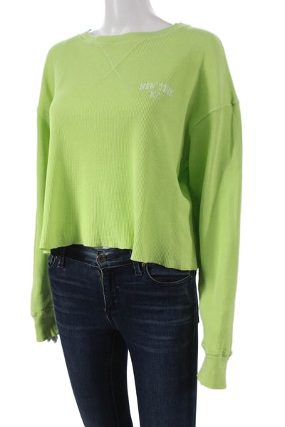 J. Galt Women Cropped T-Shirt Green Cotton Blend Crew Neck Long Sleeve Size M